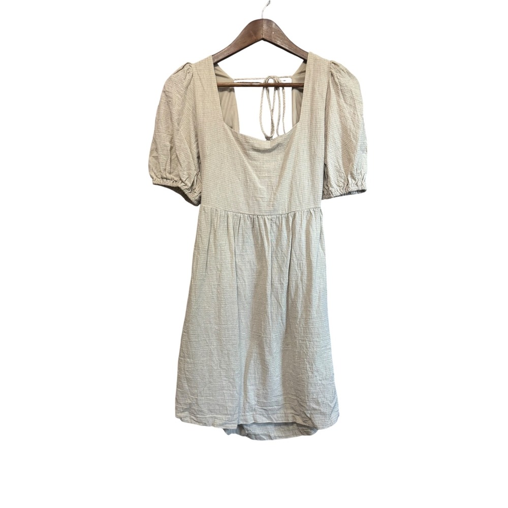 Altar'd State Mini Dress Women L Tan Gingham Open Back Puff Sleeve Cotton Linen